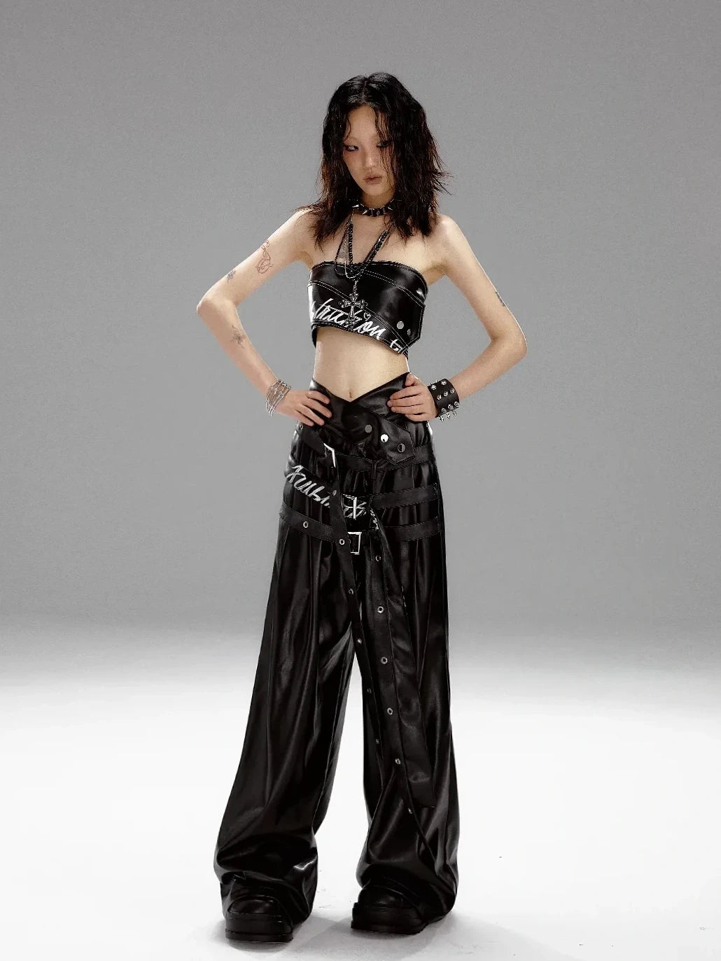 Frustration Garden Punk Rock Print Pu Corsage Top