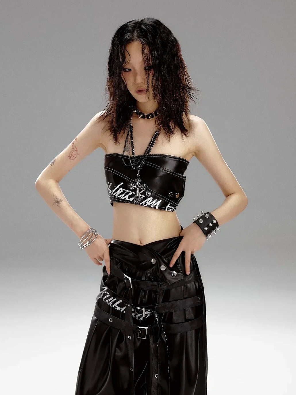 Frustration Garden Punk Rock Print Pu Corsage Top