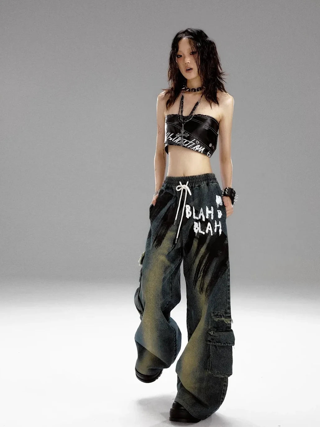 Frustration Garden Punk Rock Print Pu Corsage Top