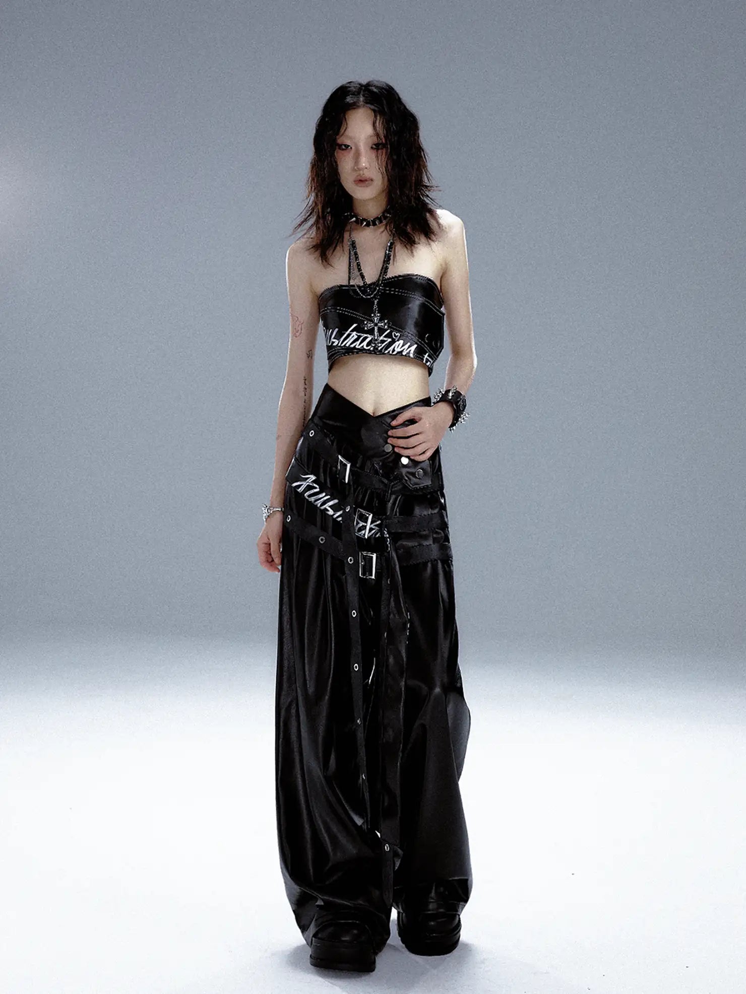 Frustration Garden Punk Rock Print Pu Corsage Top