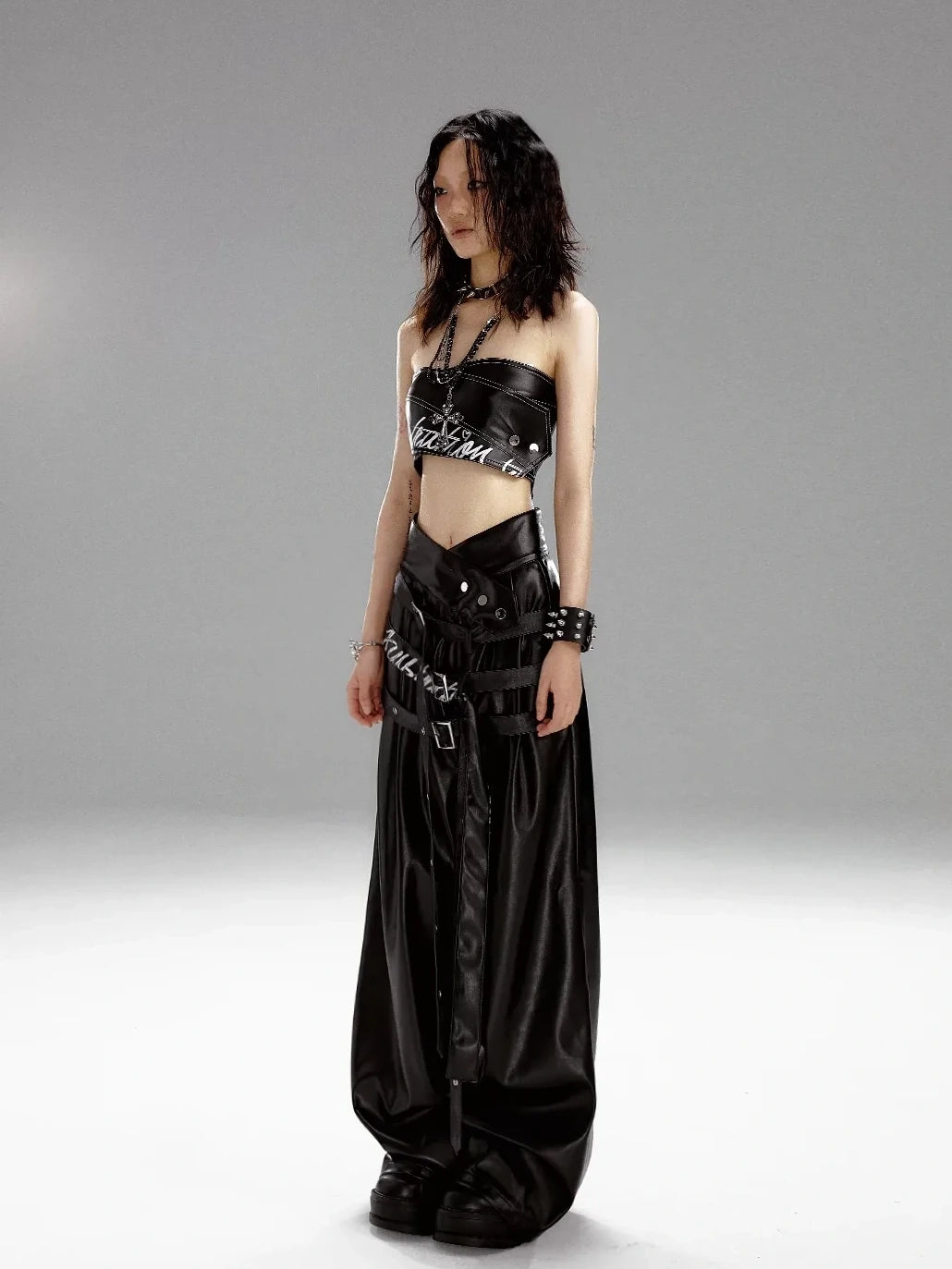 Frustration Garden Punk Rock Print Pu Corsage Top