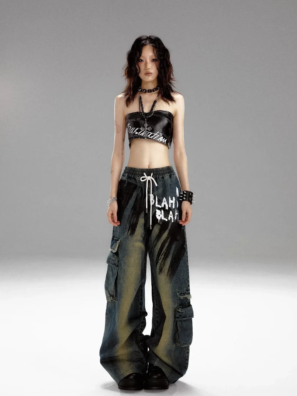 Frustration Garden Punk Rock Print Pu Corsage Top