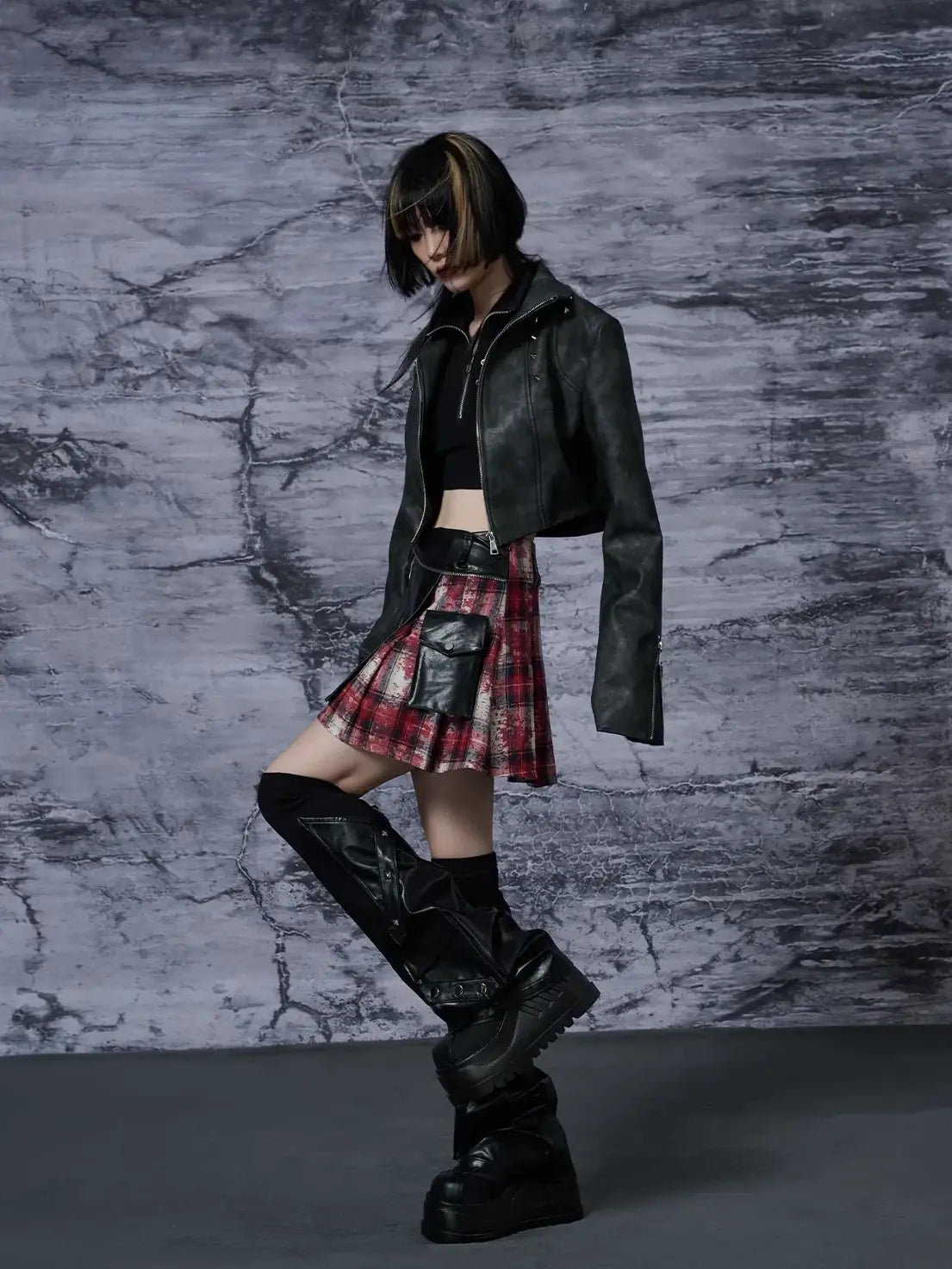Punk Rock Red Tartan Pleated Pu Mini Skirt
