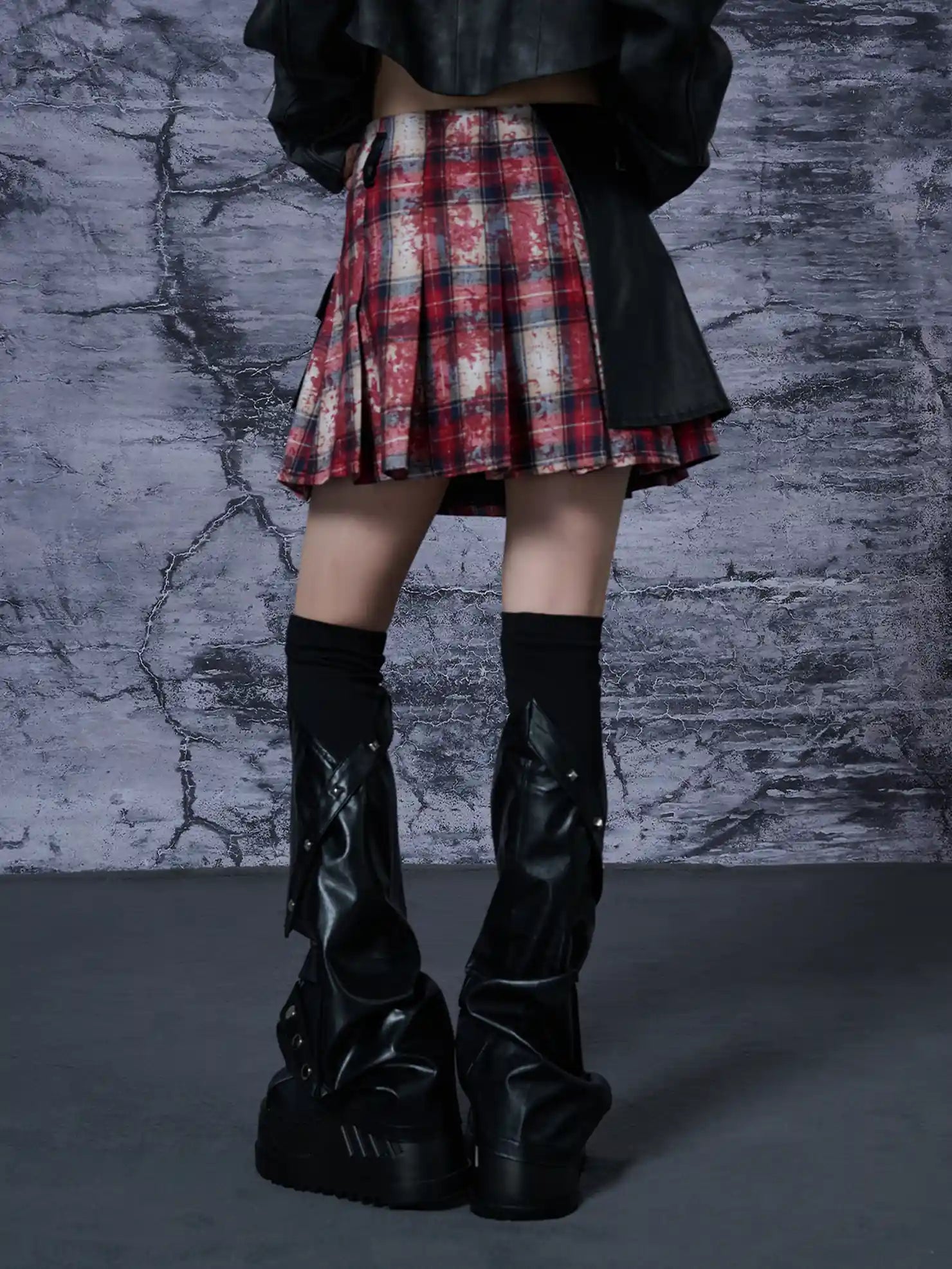 Punk Rock Red Tartan Pleated Pu Mini Skirt