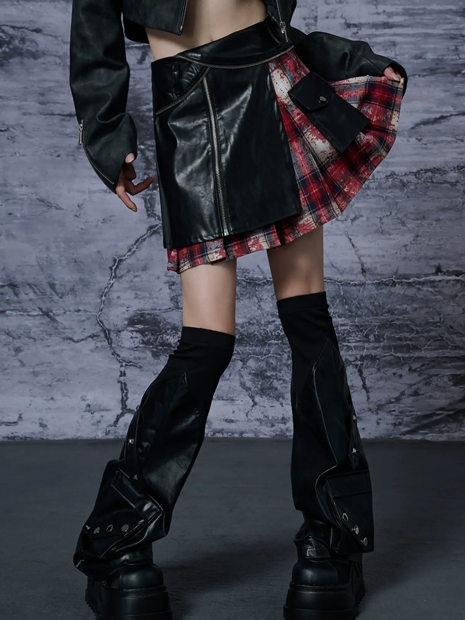 Punk Rock Red Tartan Pleated Pu Mini Skirt