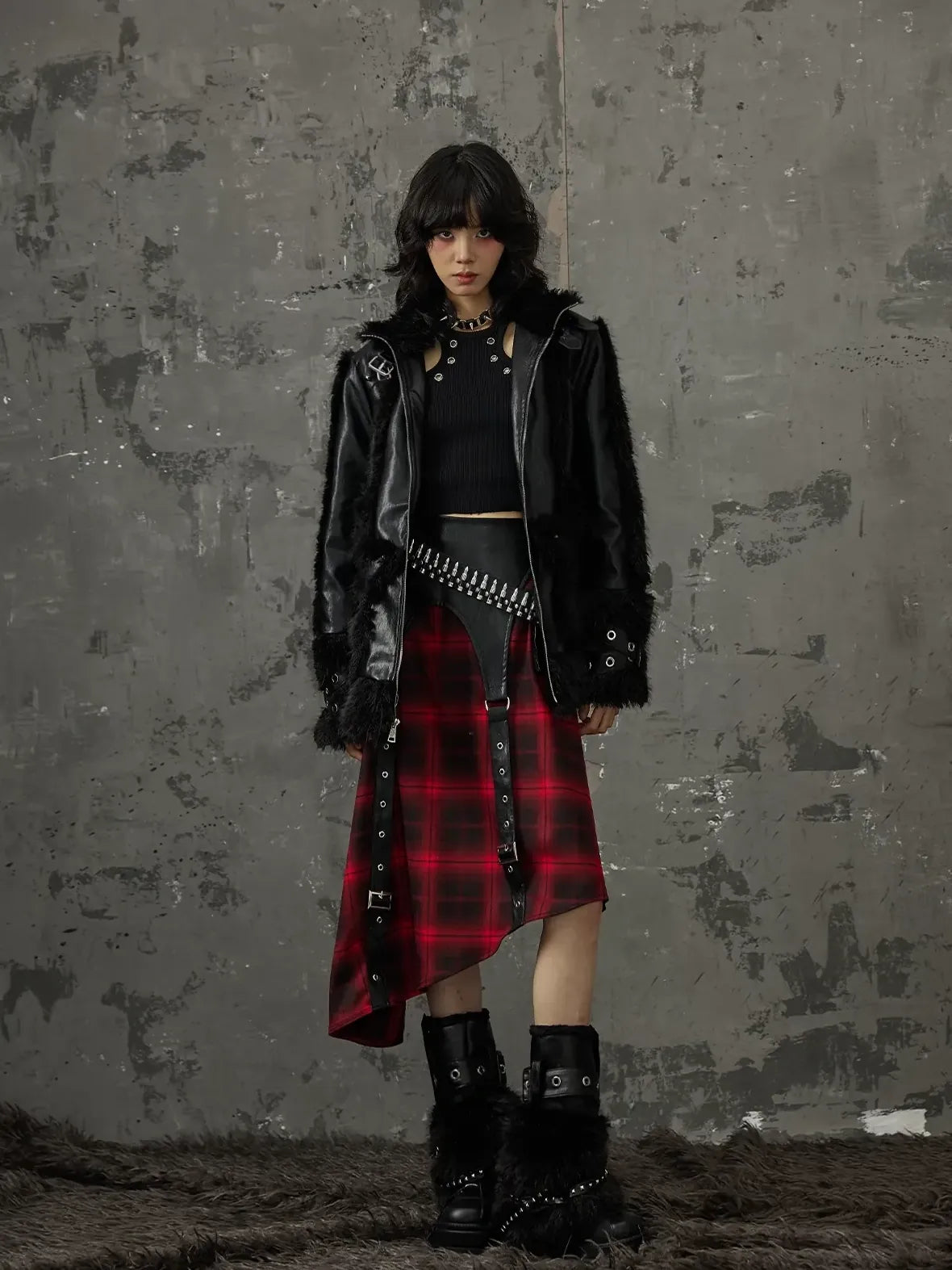 Frustration Garden Punk Star Fur Patchwork Padded Coat