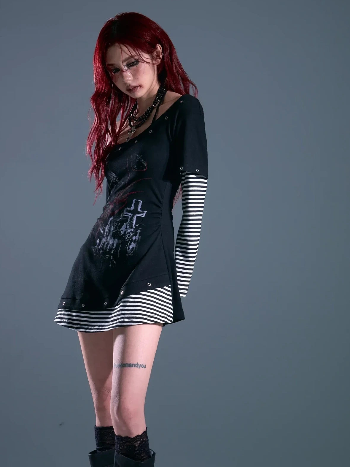 Frustration Garden Punk Striped Slash Neck Bodycon Dress