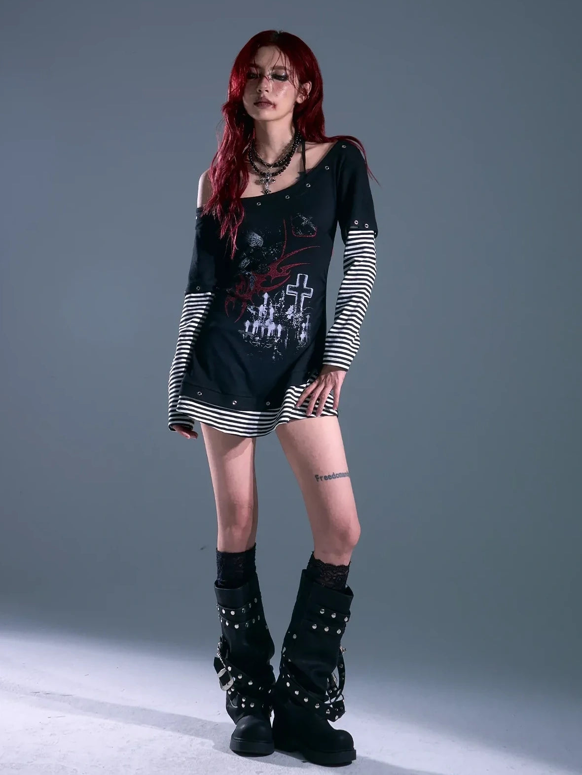 Frustration Garden Punk Striped Slash Neck Bodycon Dress