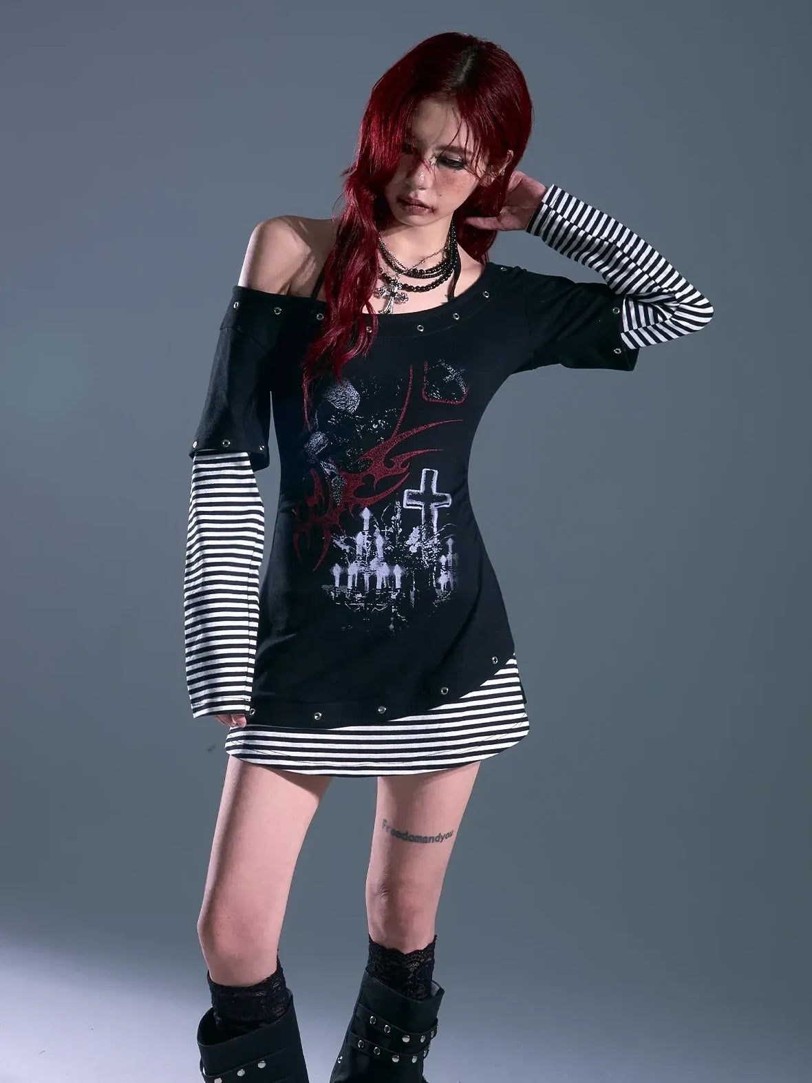 Frustration Garden Punk Striped Slash Neck Bodycon Dress