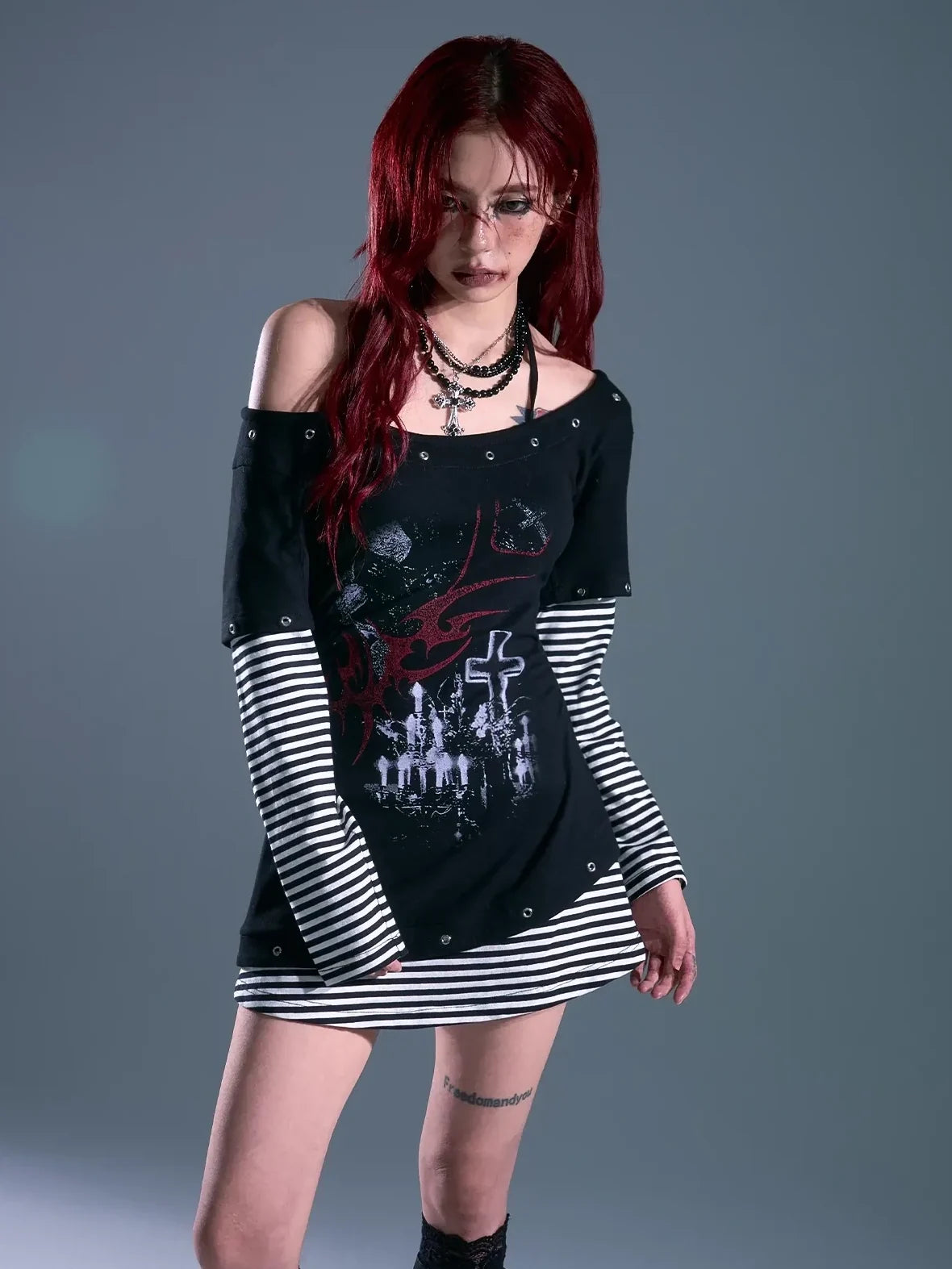 Frustration Garden Punk Striped Slash Neck Bodycon Dress