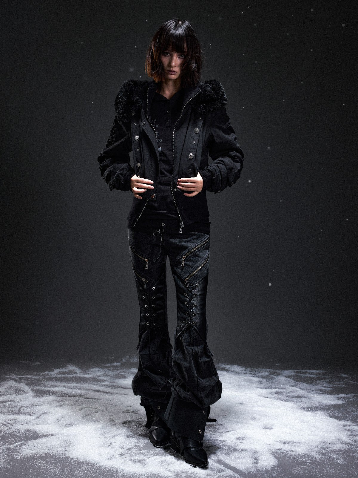 Frustration Garden Punk Studded Faux Fur Trim Hooded Women&