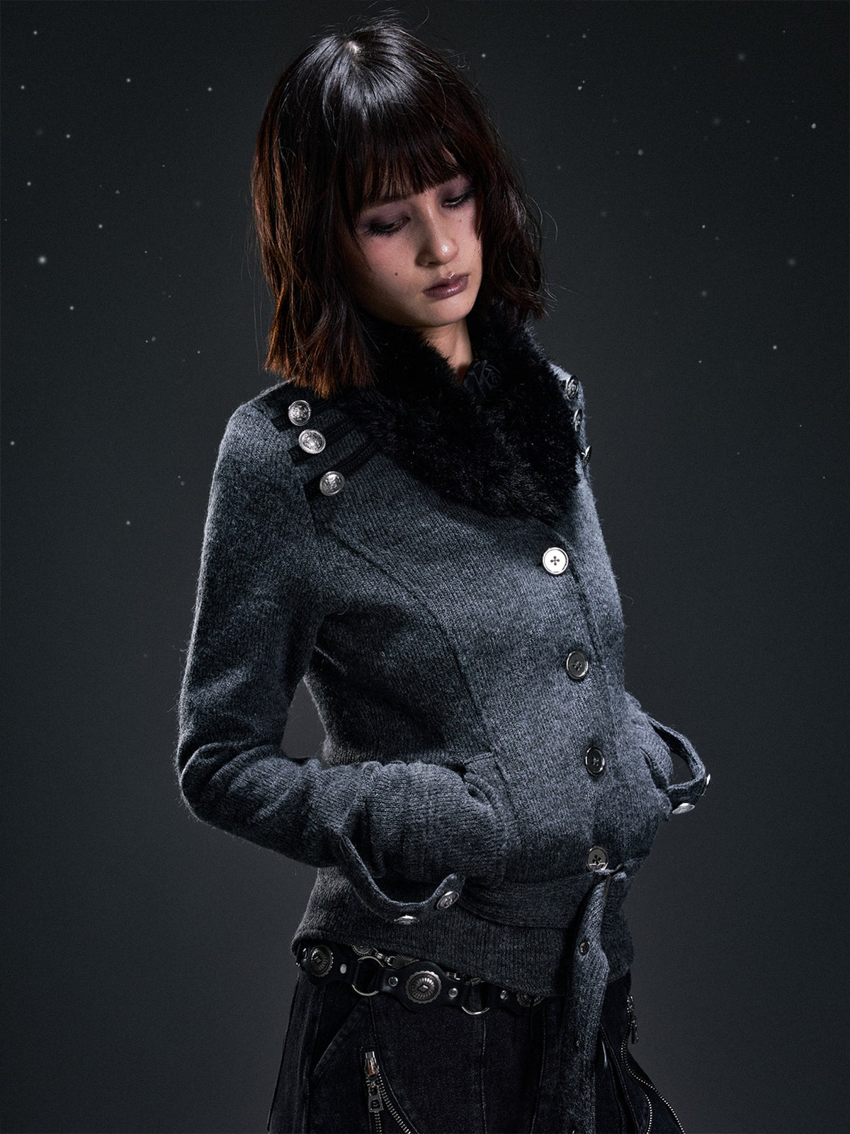 Frustration Garden Punk Vintage Fur Collar Studded Knit Women&