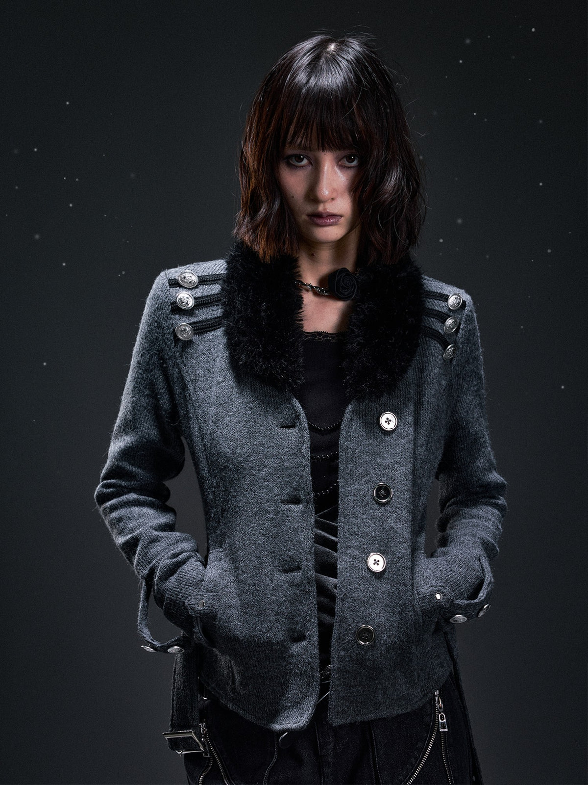 Frustration Garden Punk Vintage Fur Collar Studded Knit Women&