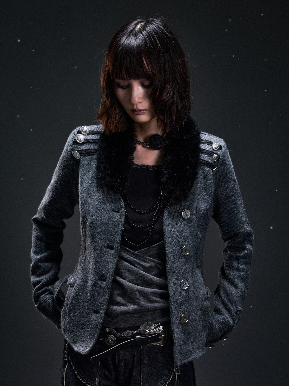 Frustration Garden Punk Vintage Fur Collar Studded Knit Women&