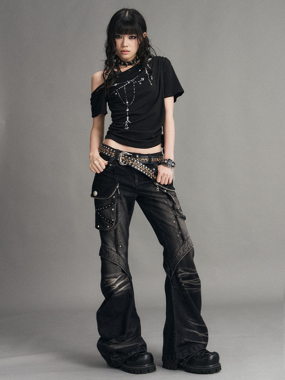 Frustration Garden Punk Washed 3d Pocket Micro Flare Low Rise Women&
