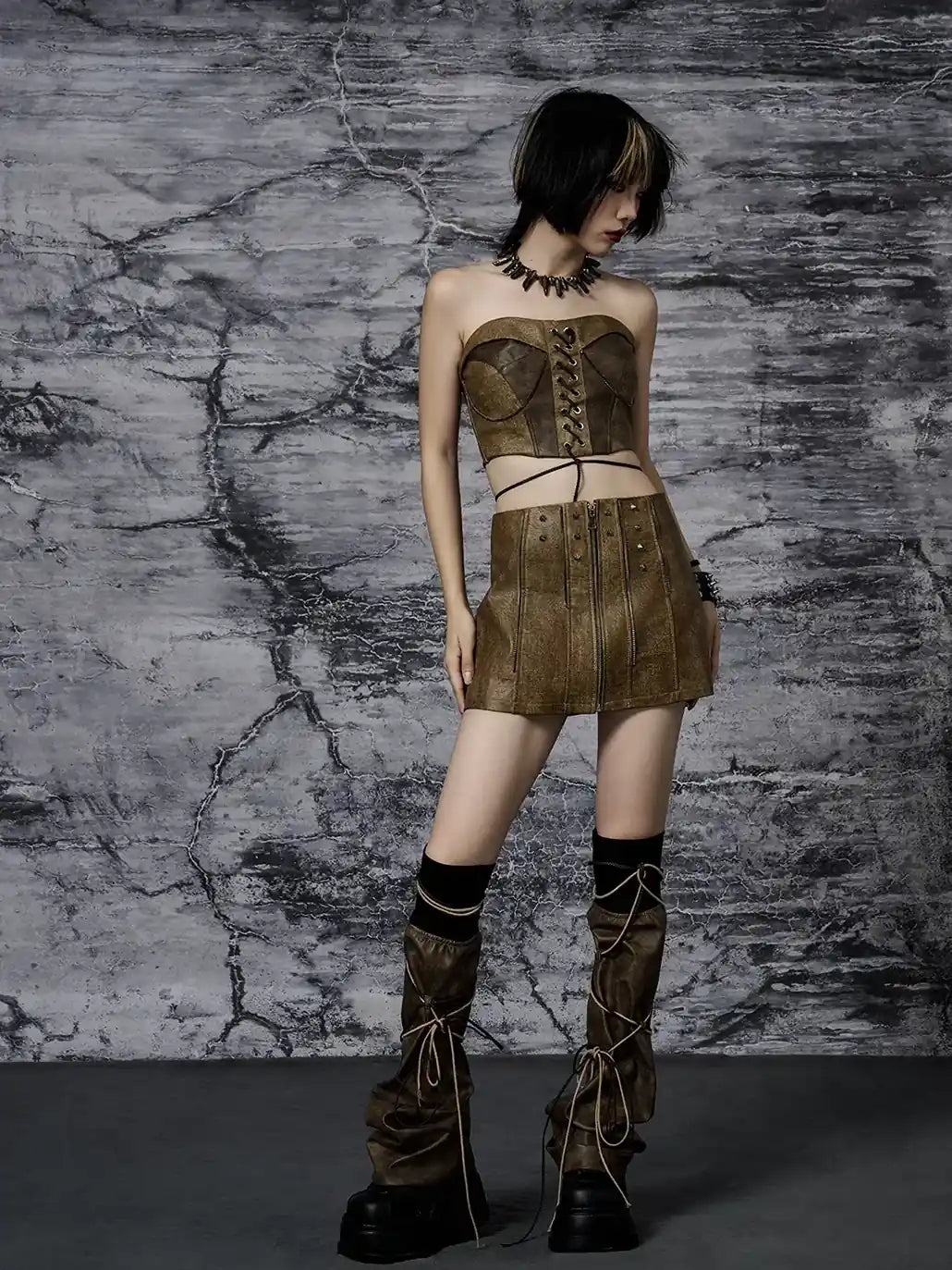 Frustration Garden Punk Wasteland Distressed Pu Corset Top