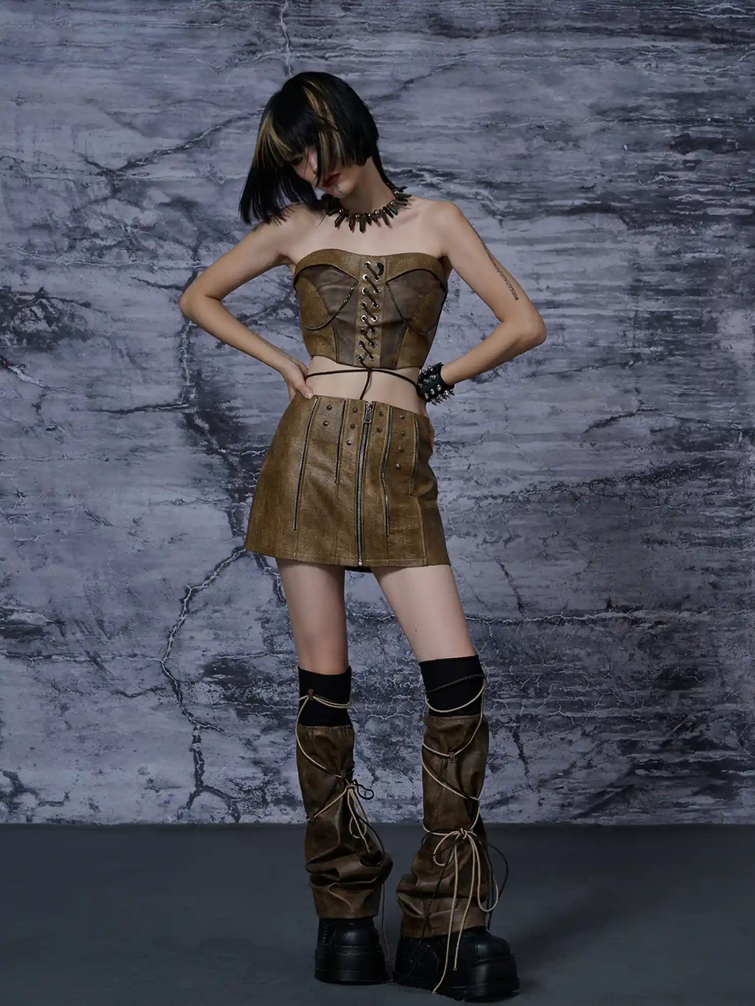 Frustration Garden Punk Wasteland Distressed Pu Corset Top