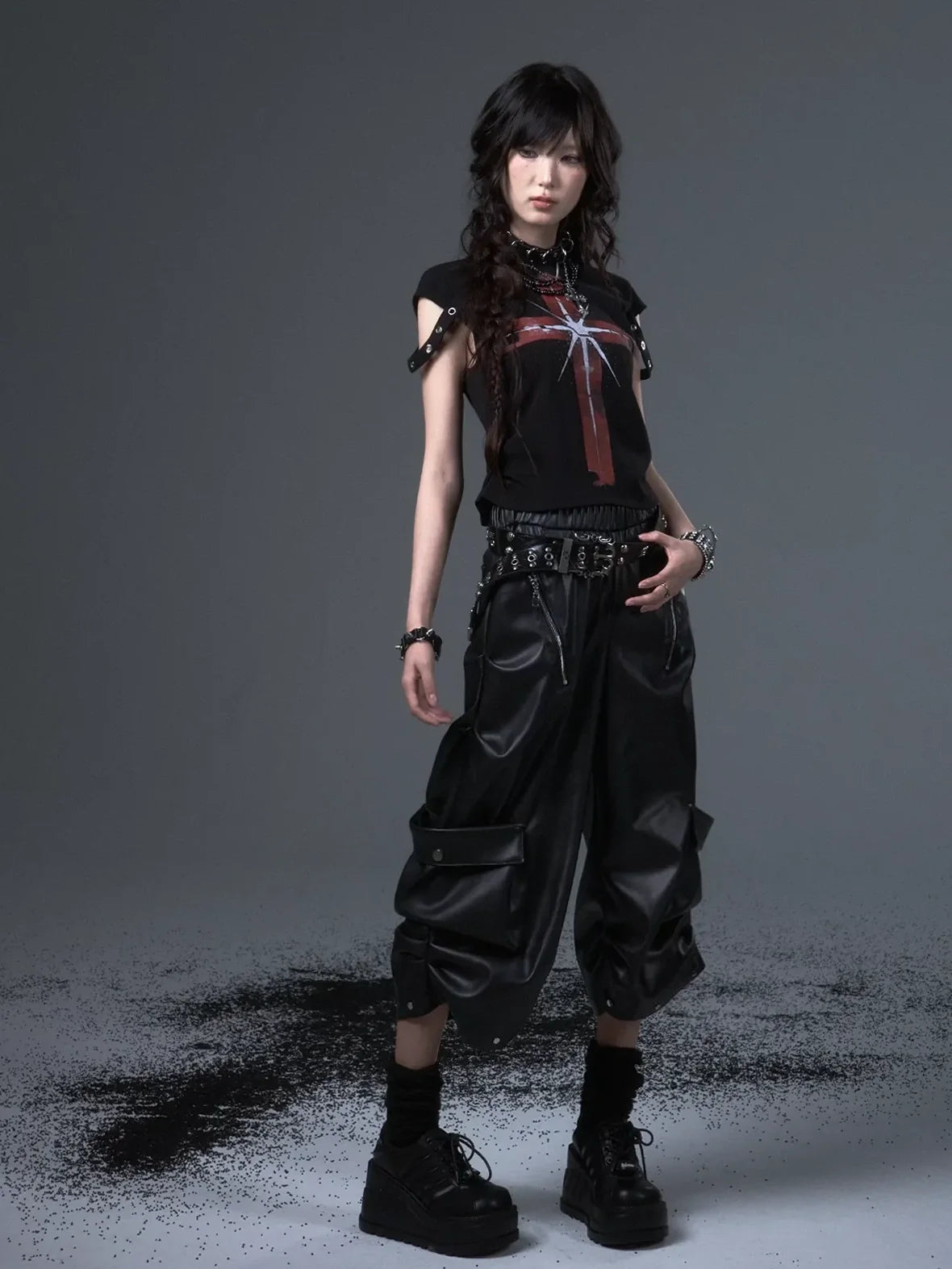 Frustration Garden Street Punk Baggy Pu Cargo Cropped Trousers