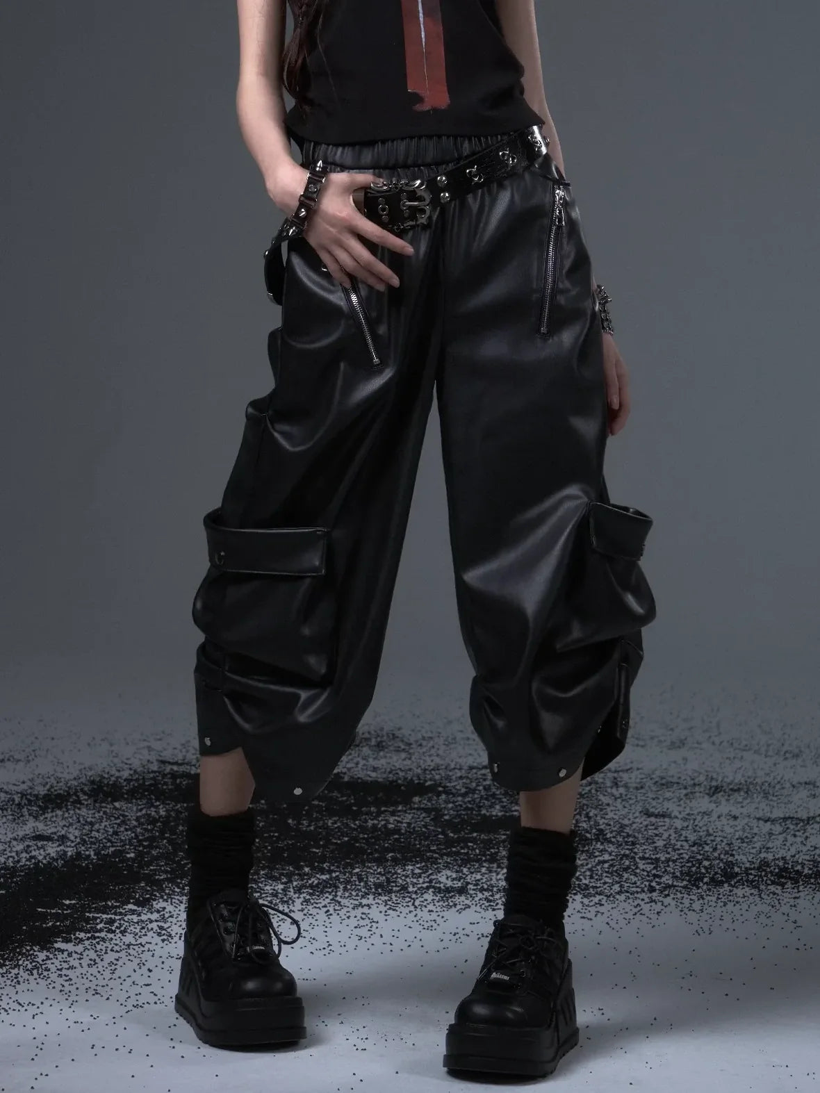 Frustration Garden Street Punk Baggy Pu Cargo Cropped Trousers