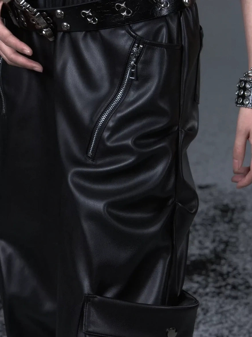 Frustration Garden Street Punk Baggy Pu Cargo Cropped Trousers