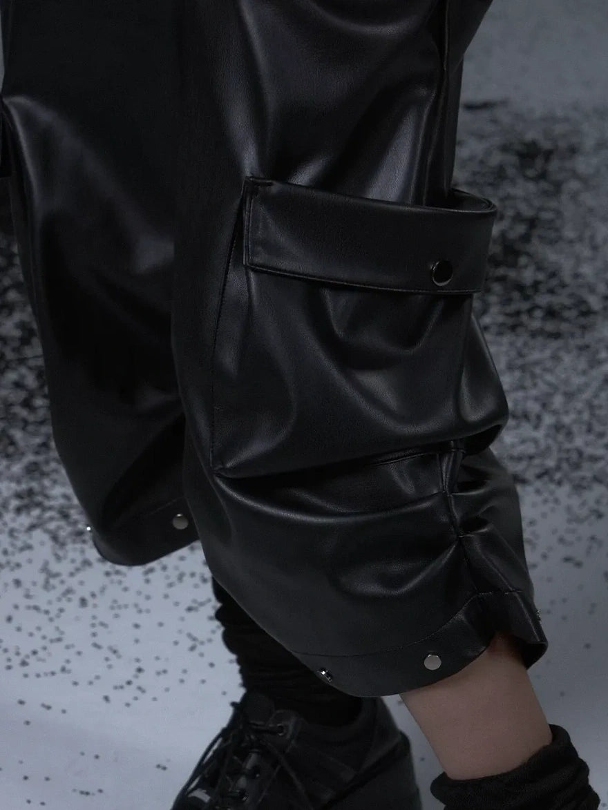 Frustration Garden Street Punk Baggy Pu Cargo Cropped Trousers