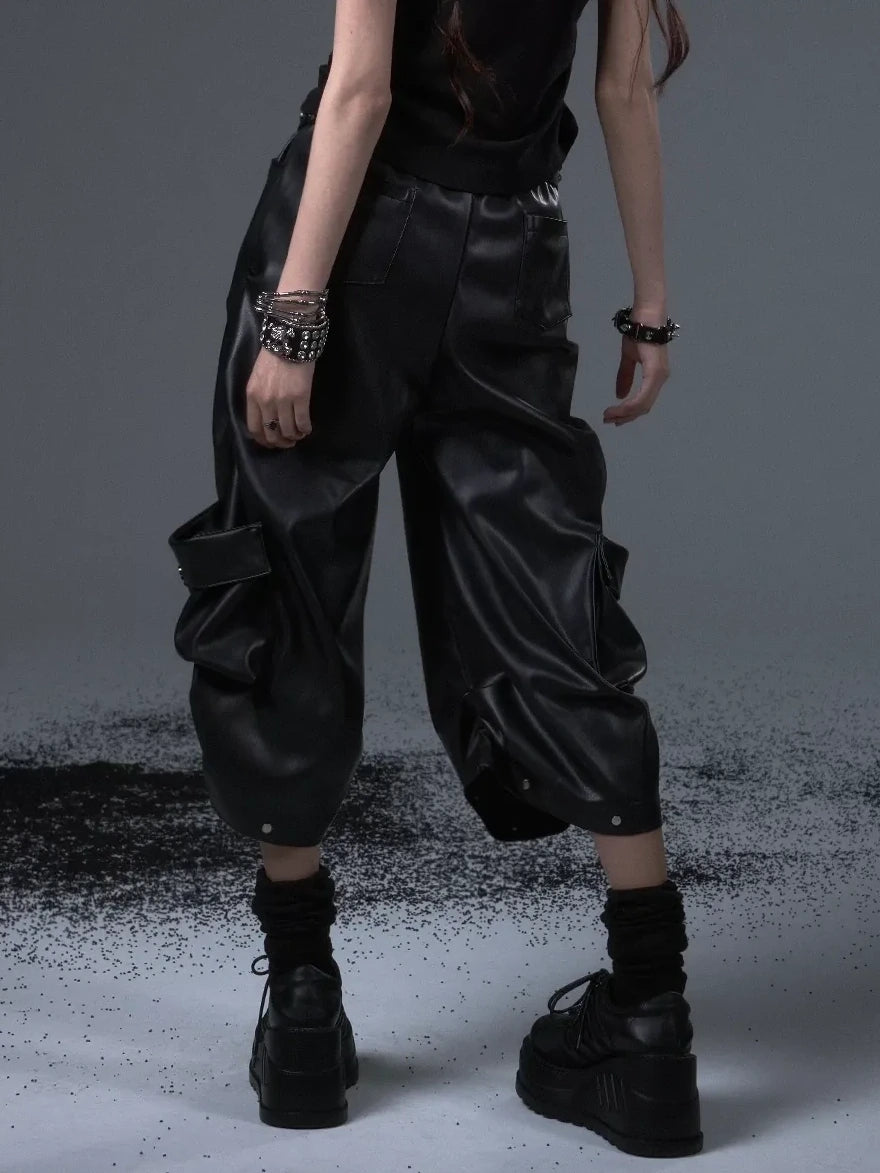 Frustration Garden Street Punk Baggy Pu Cargo Cropped Trousers
