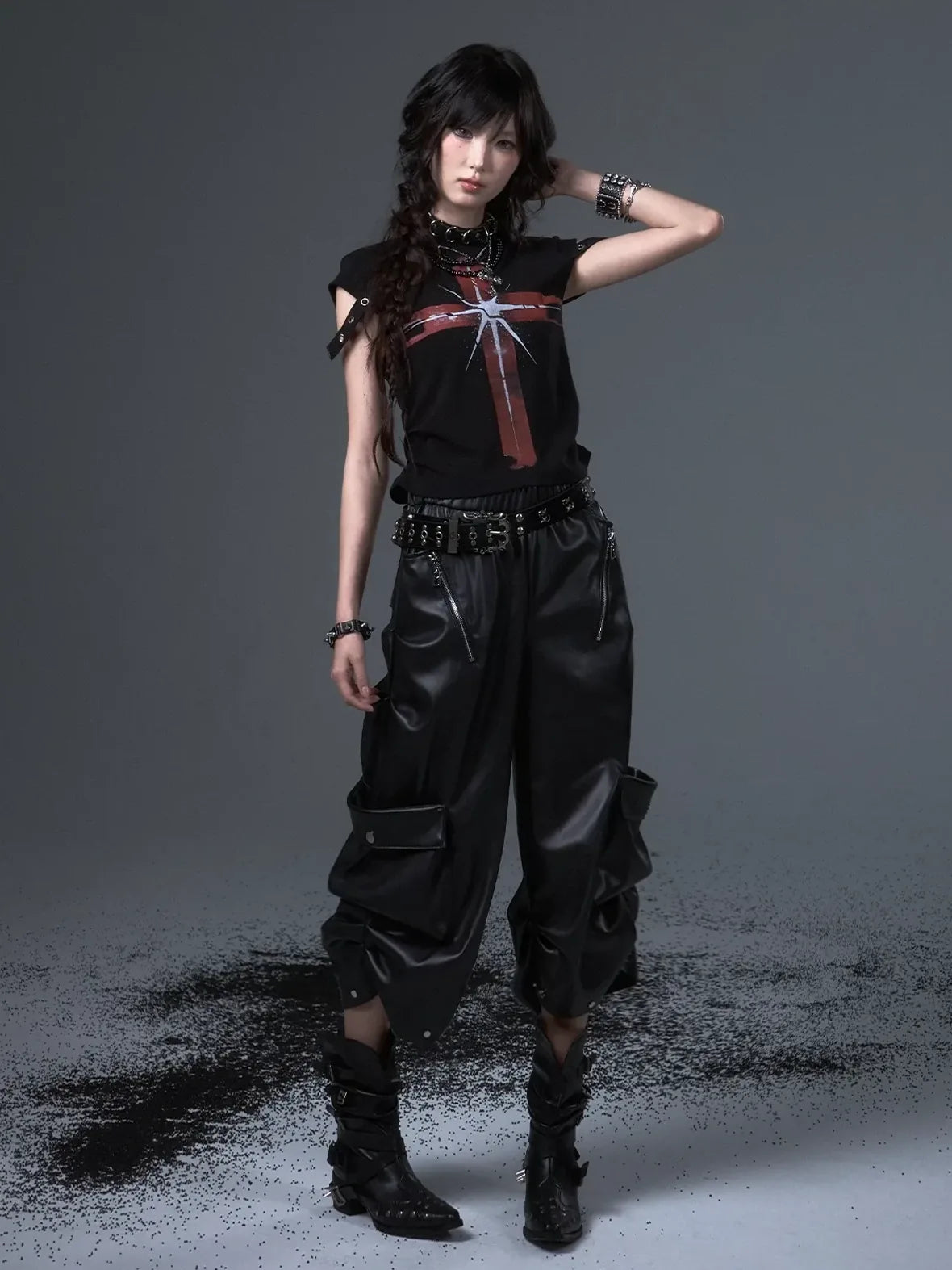 Frustration Garden Street Punk Baggy Pu Cargo Cropped Trousers