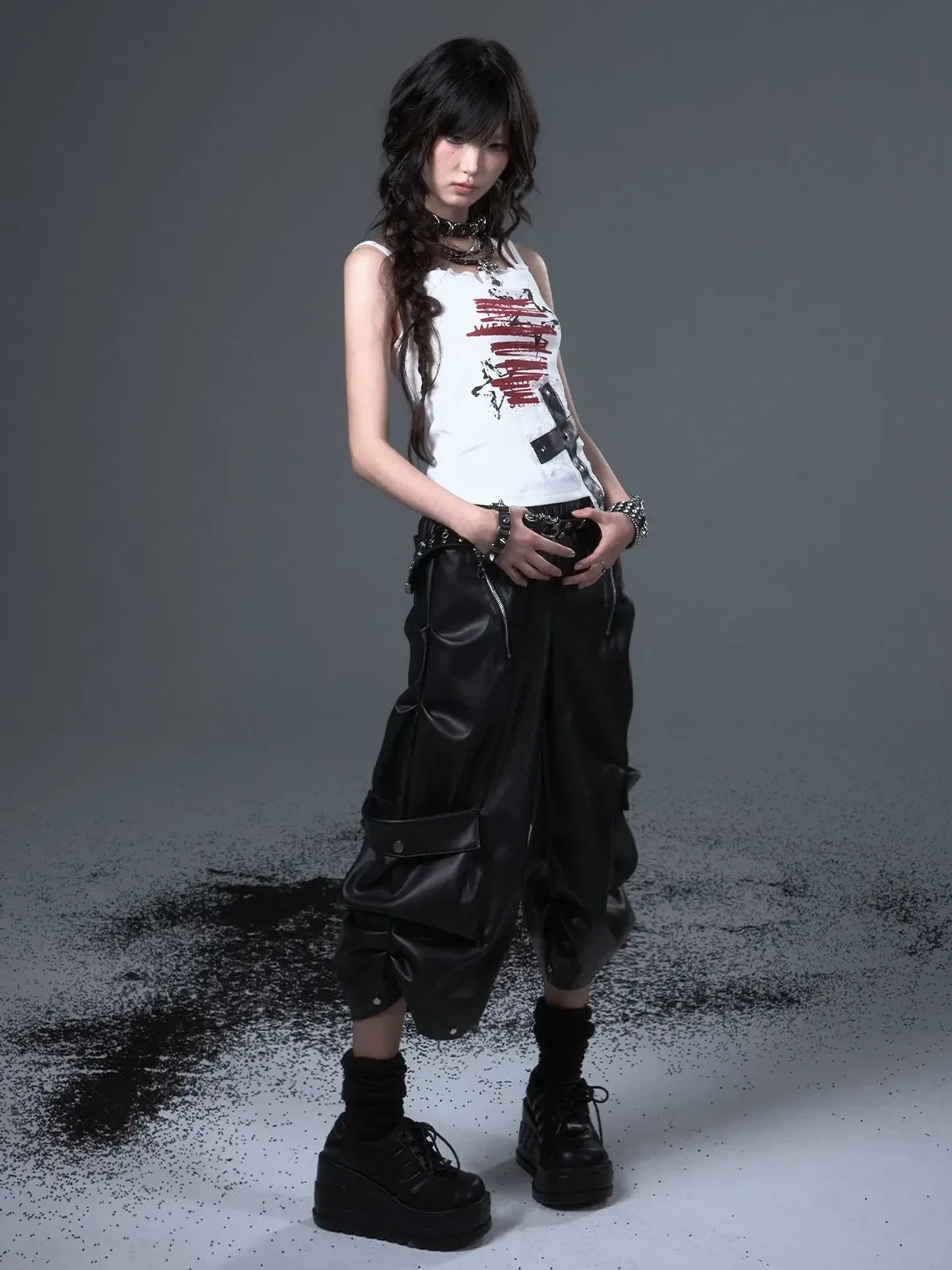 Frustration Garden Street Punk Baggy Pu Cargo Cropped Trousers