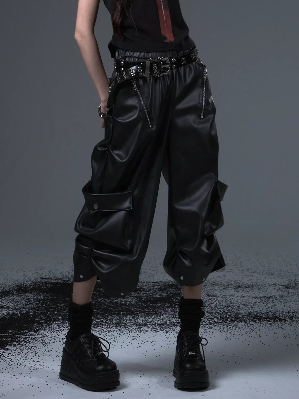 Frustration Garden Street Punk Baggy Pu Cargo Cropped Trousers