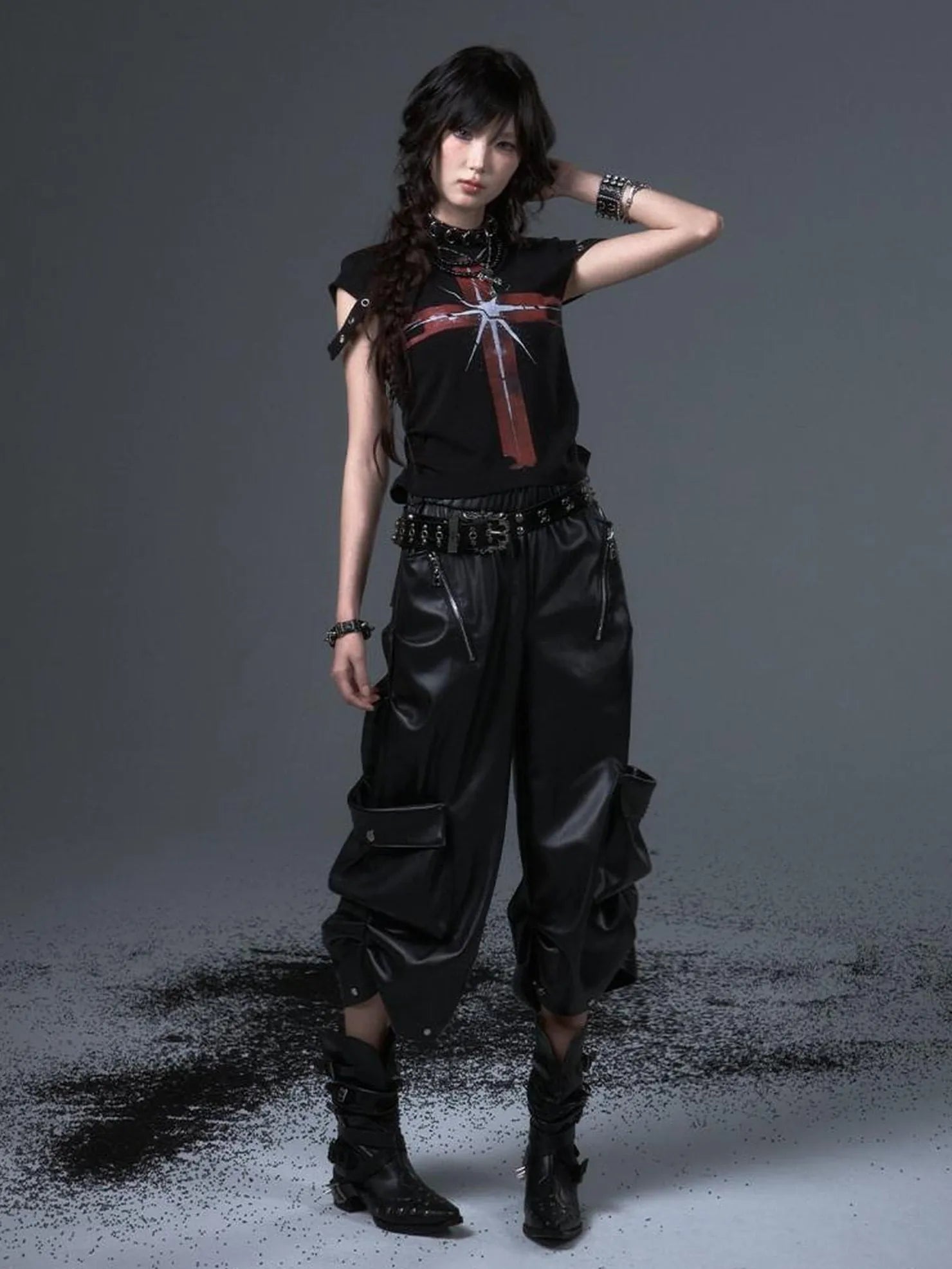 Frustration Garden Street Punk Baggy Pu Cargo Cropped Trousers