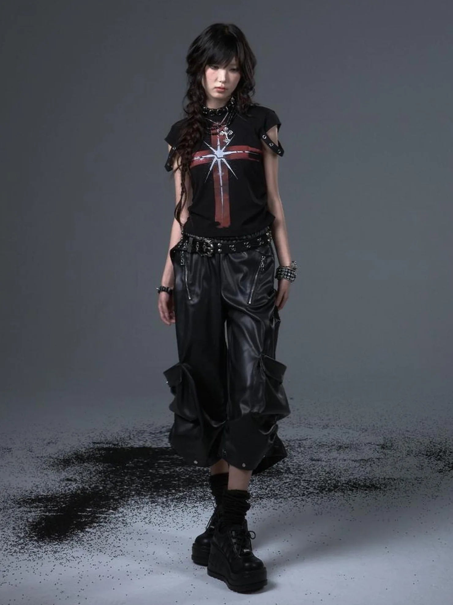 Frustration Garden Street Punk Baggy Pu Cargo Cropped Trousers