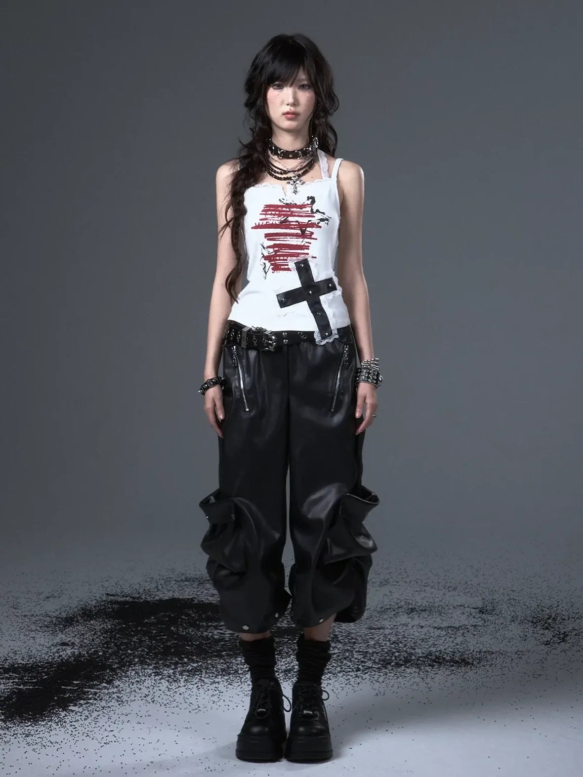 Frustration Garden Street Punk Baggy Pu Cargo Cropped Trousers