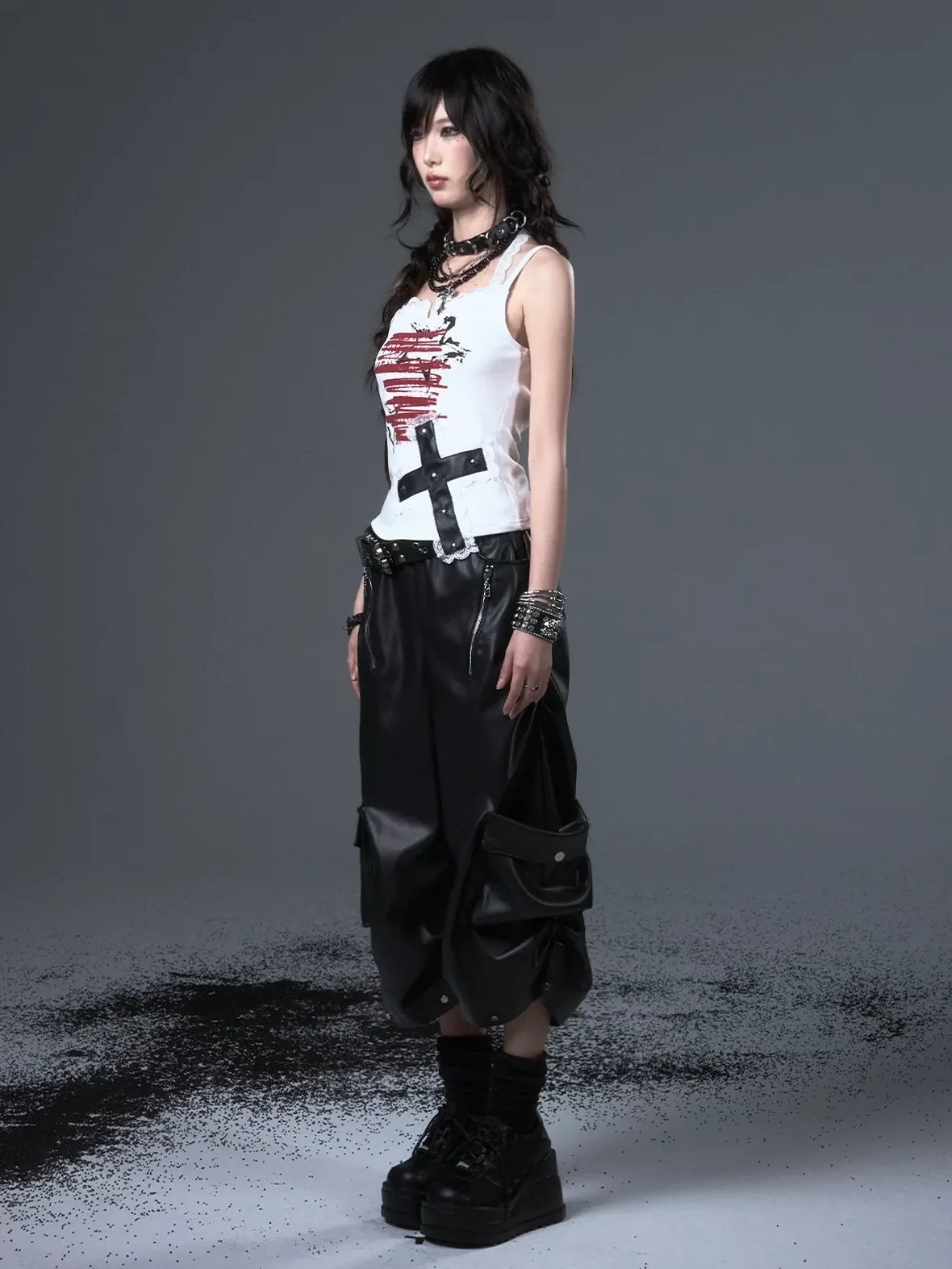 Frustration Garden Street Punk Baggy Pu Cargo Cropped Trousers