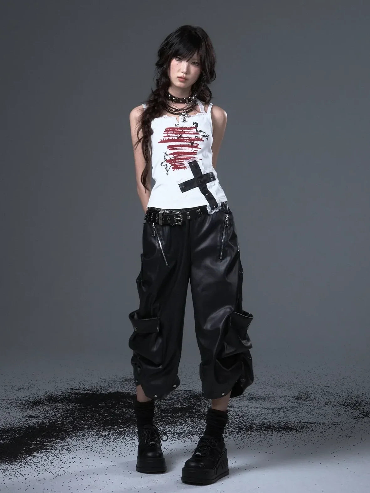 Frustration Garden Street Punk Baggy Pu Cargo Cropped Trousers
