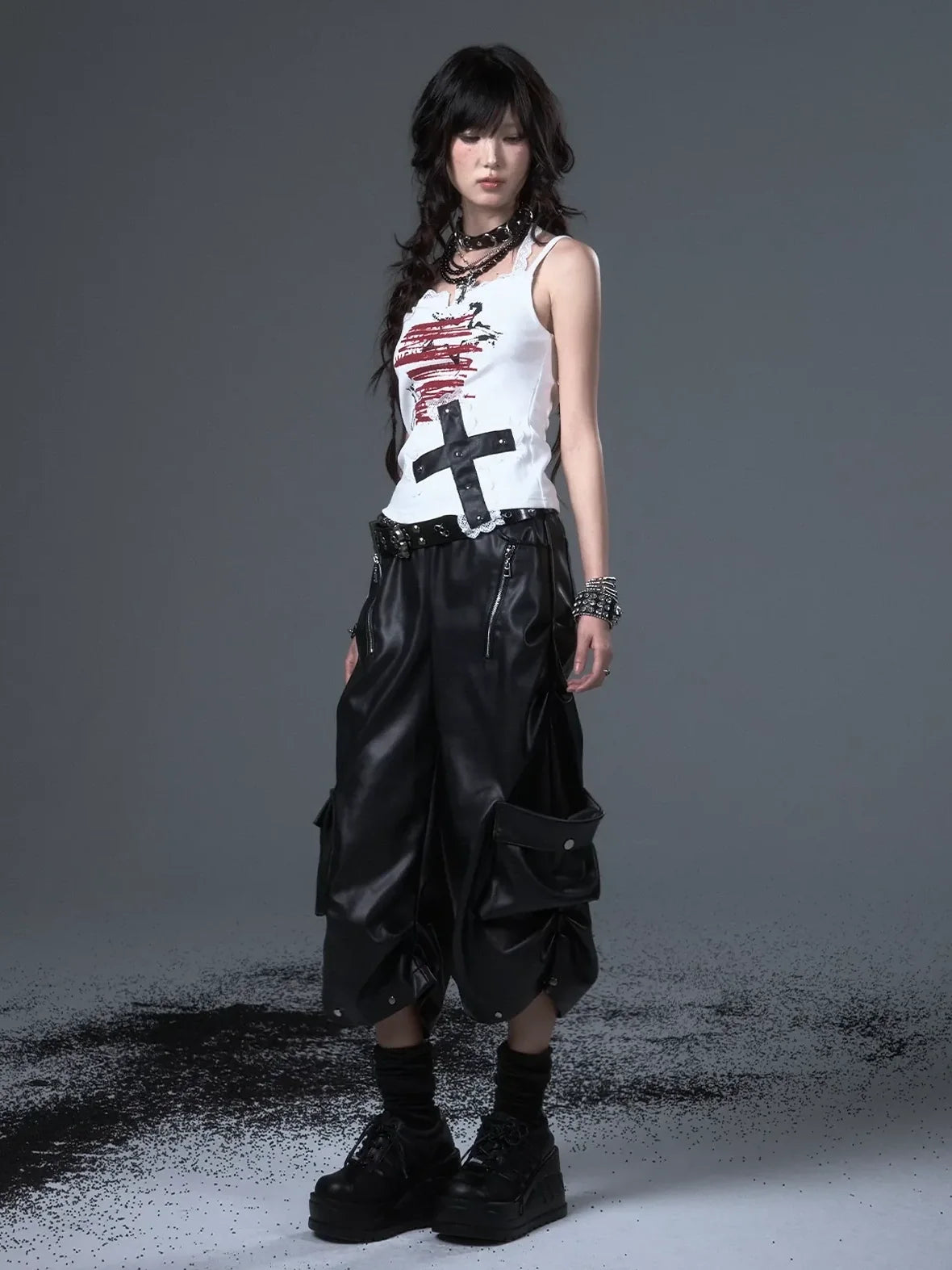 Frustration Garden Street Punk Baggy Pu Cargo Cropped Trousers