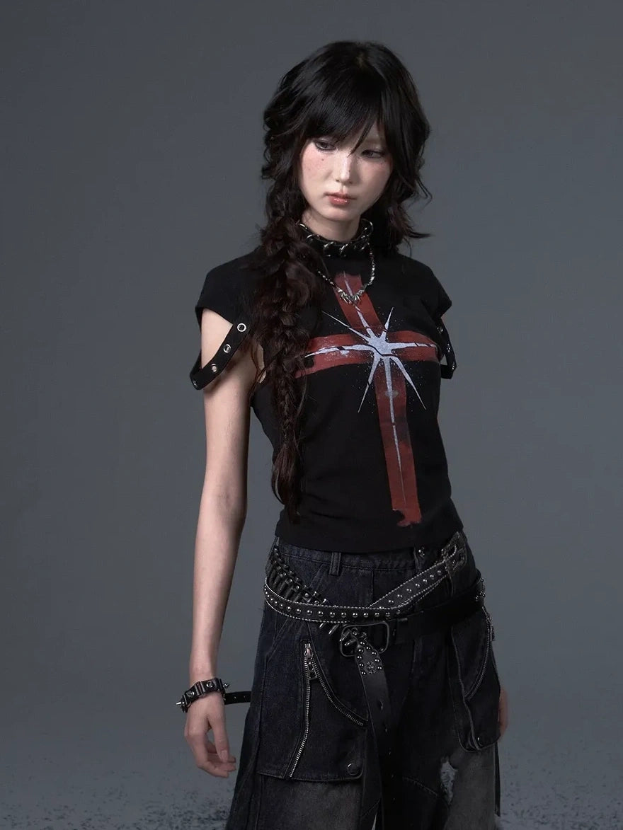 Frustration Garden Street Punk Cross Print Cropped Tee