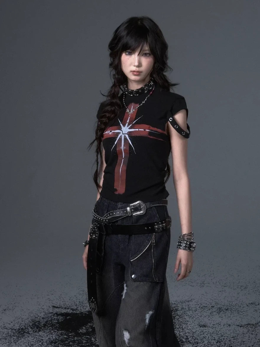 Frustration Garden Street Punk Cross Print Cropped Tee