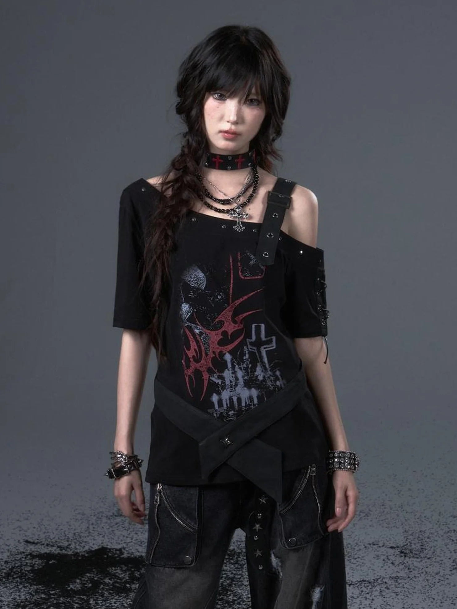 Frustration Garden Street Punk Light Pu Print Drop Shoulder Belted Loose T-shirt