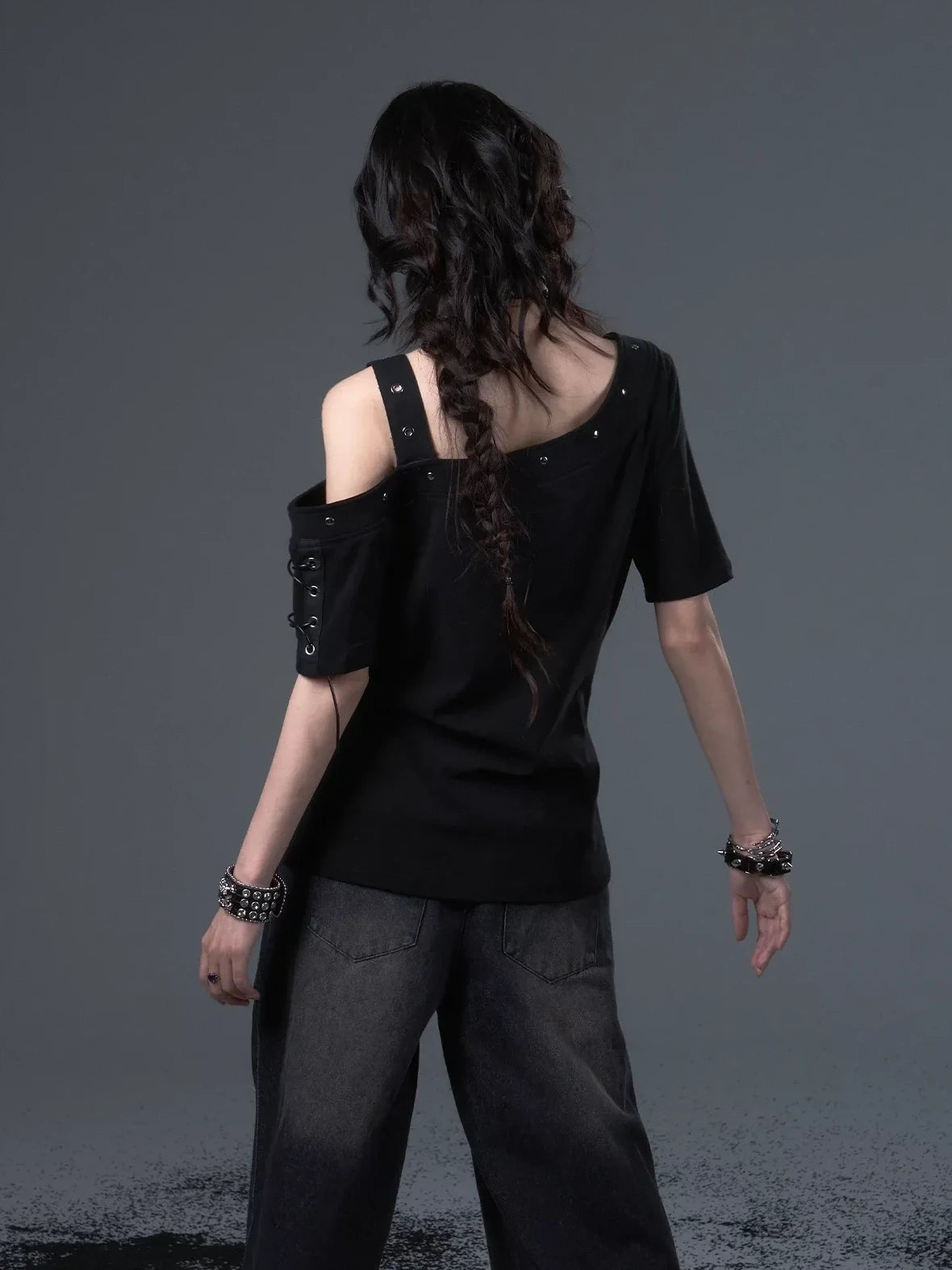 Frustration Garden Street Punk Light Pu Print Drop Shoulder Belted Loose T-shirt