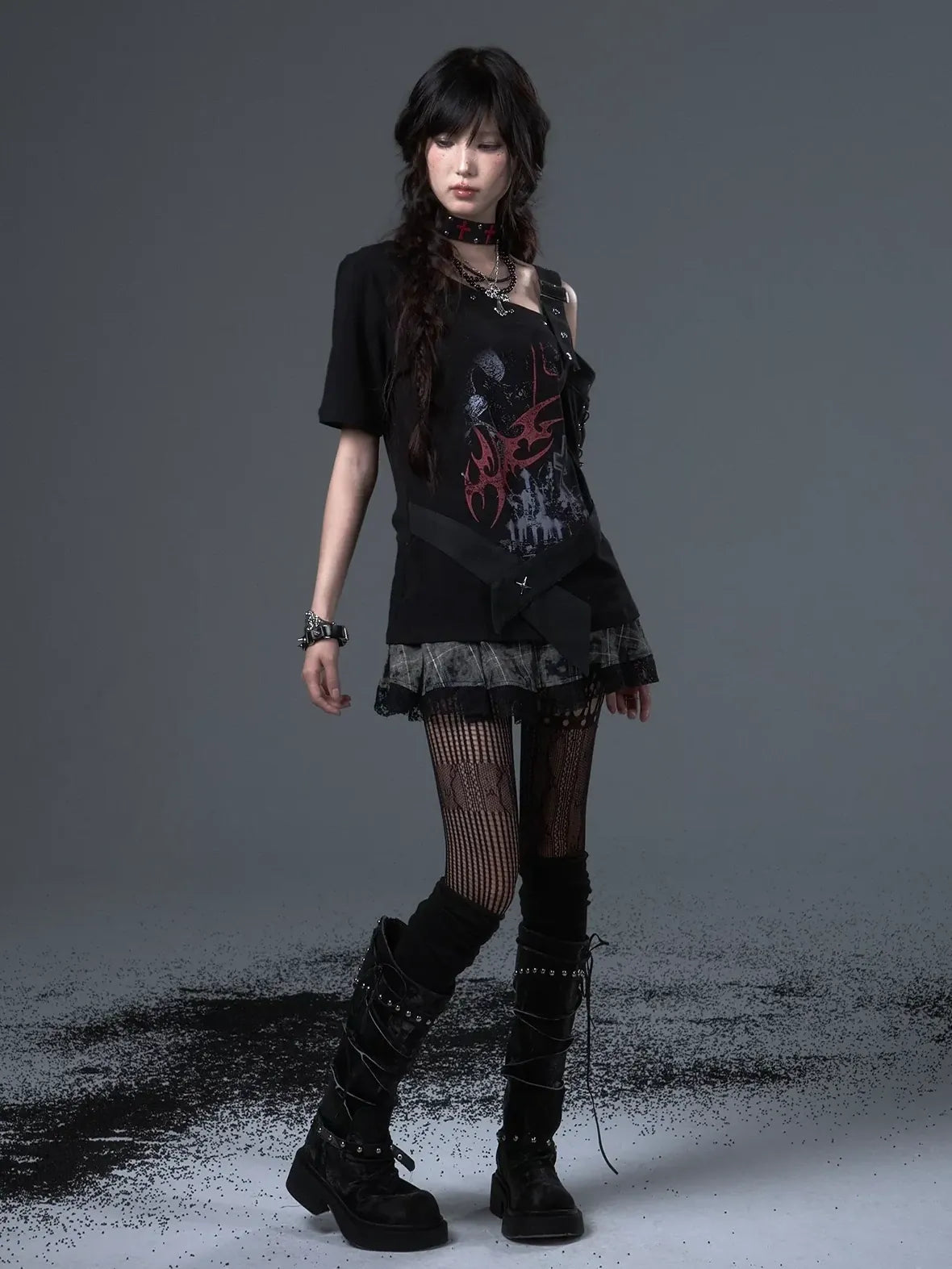 Frustration Garden Street Punk Light Pu Print Drop Shoulder Belted Loose T-shirt