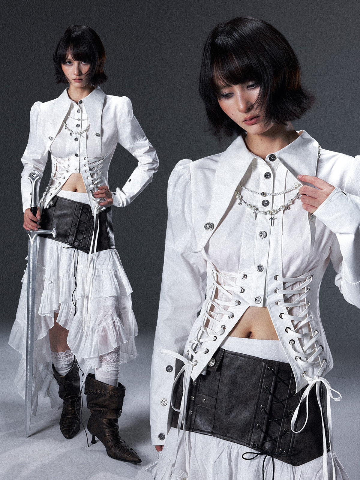 Frustration Garden Victorian Tie Waist Sheer Panel Buttoned Turn Down Collar Women&