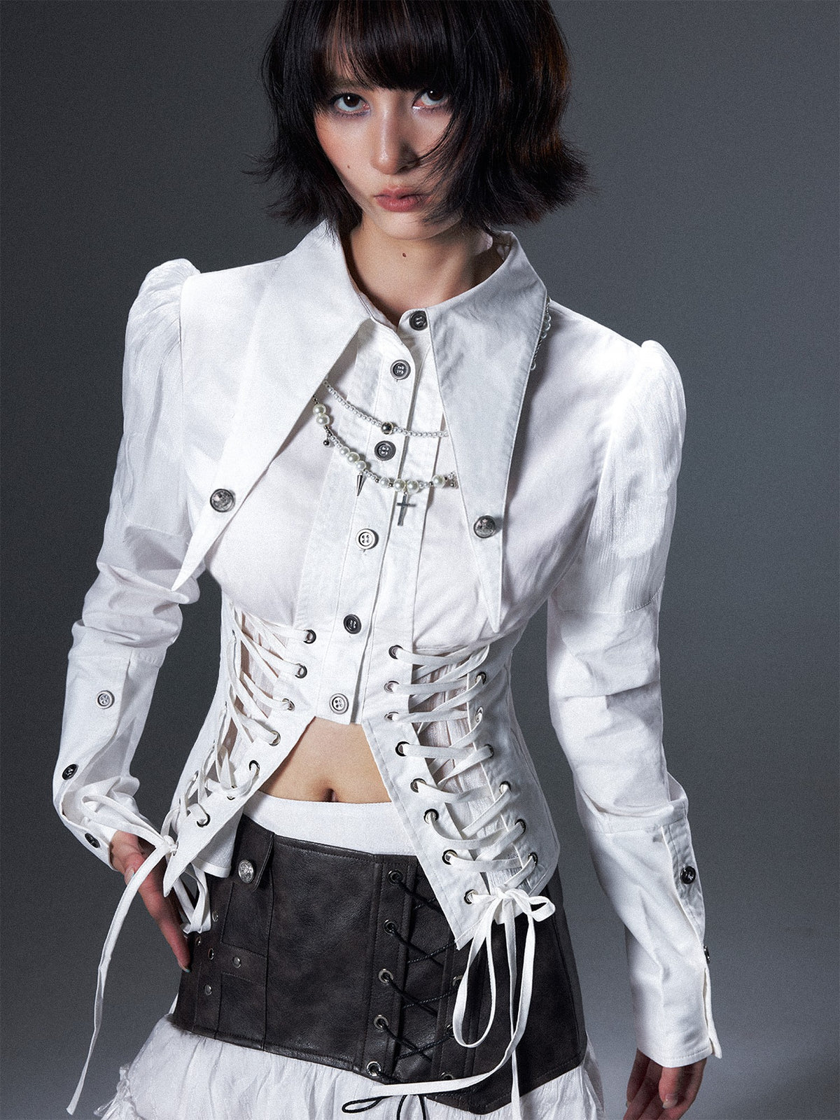 Frustration Garden Victorian Tie Waist Sheer Panel Buttoned Turn Down Collar Women&