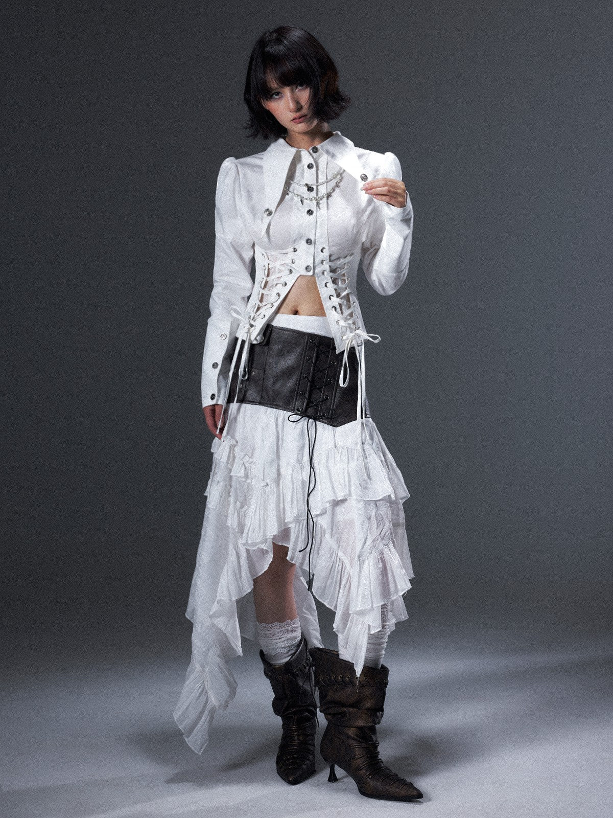 Frustration Garden Victorian Tie Waist Sheer Panel Buttoned Turn Down Collar Women&