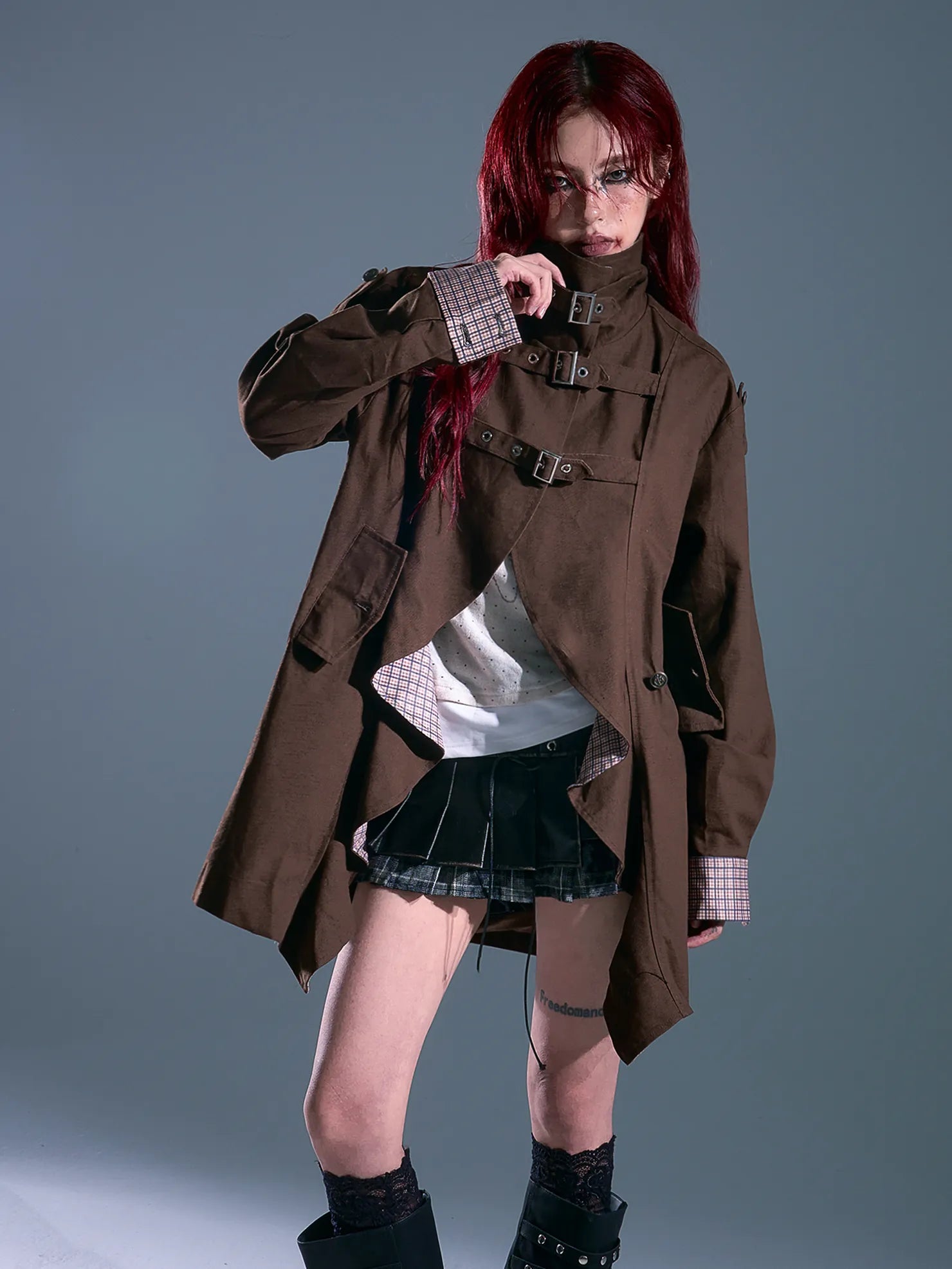 Vintage Checkered Wave Trim Trench Coat