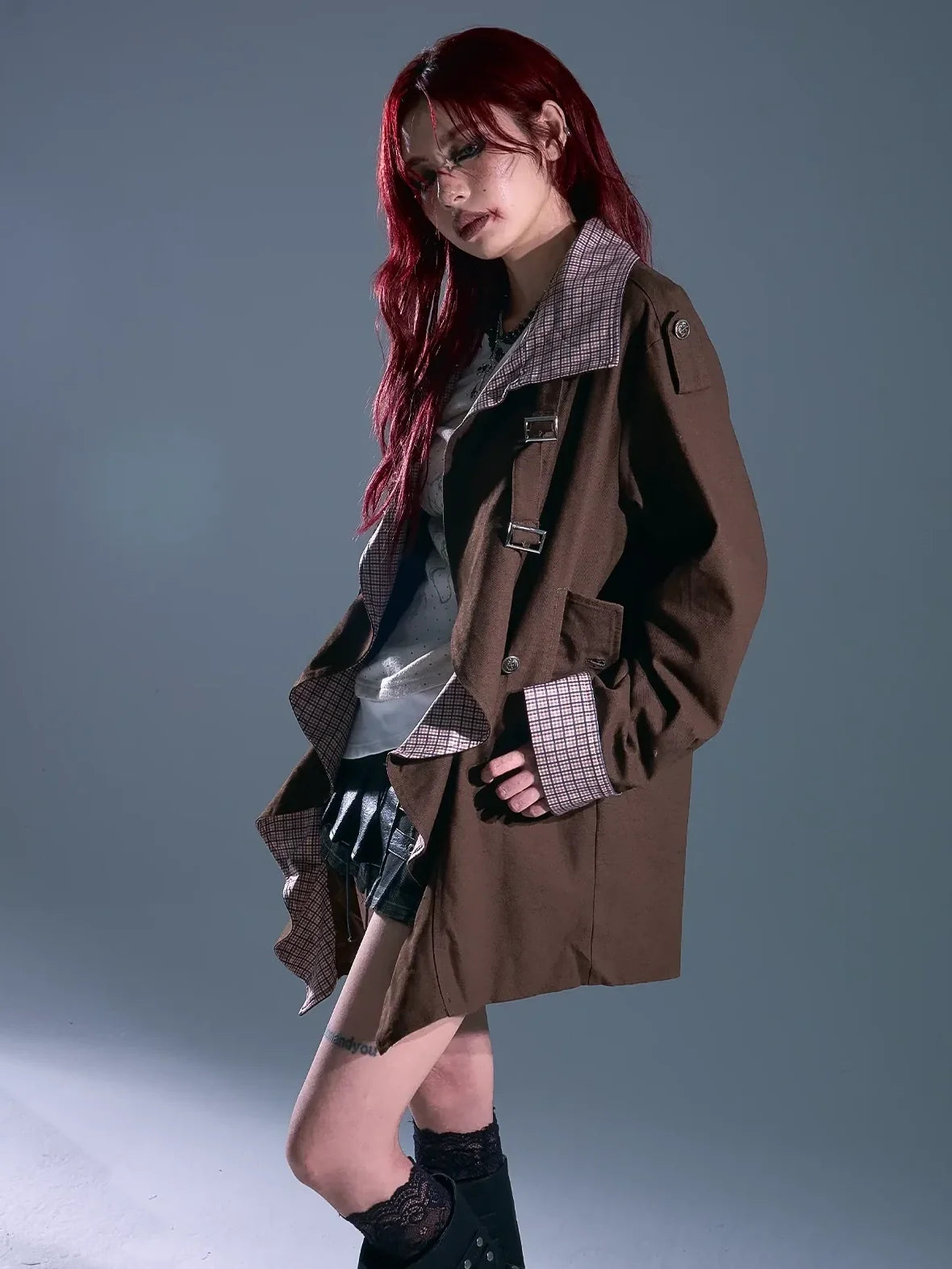 Vintage Checkered Wave Trim Trench Coat