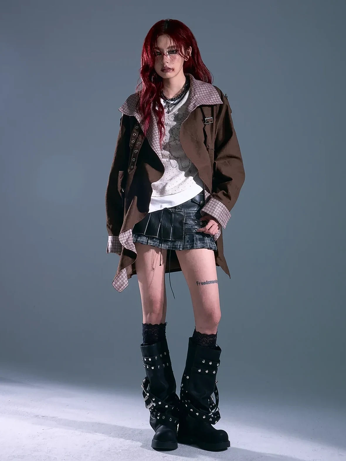 Vintage Checkered Wave Trim Trench Coat