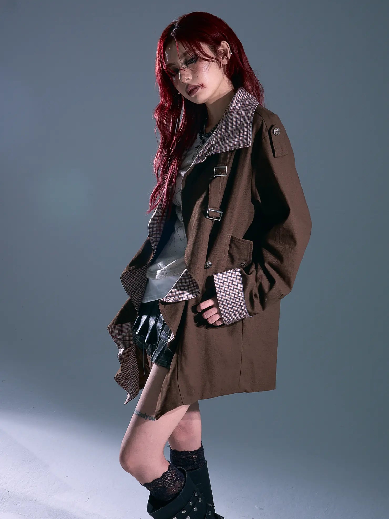 Vintage Checkered Wave Trim Trench Coat