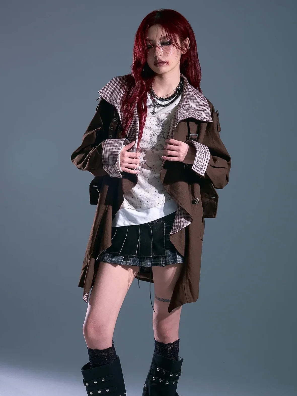 Vintage Checkered Wave Trim Trench Coat