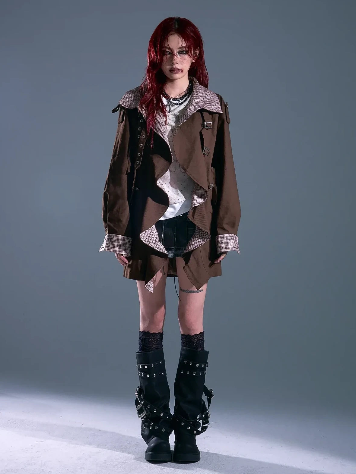 Vintage Checkered Wave Trim Trench Coat