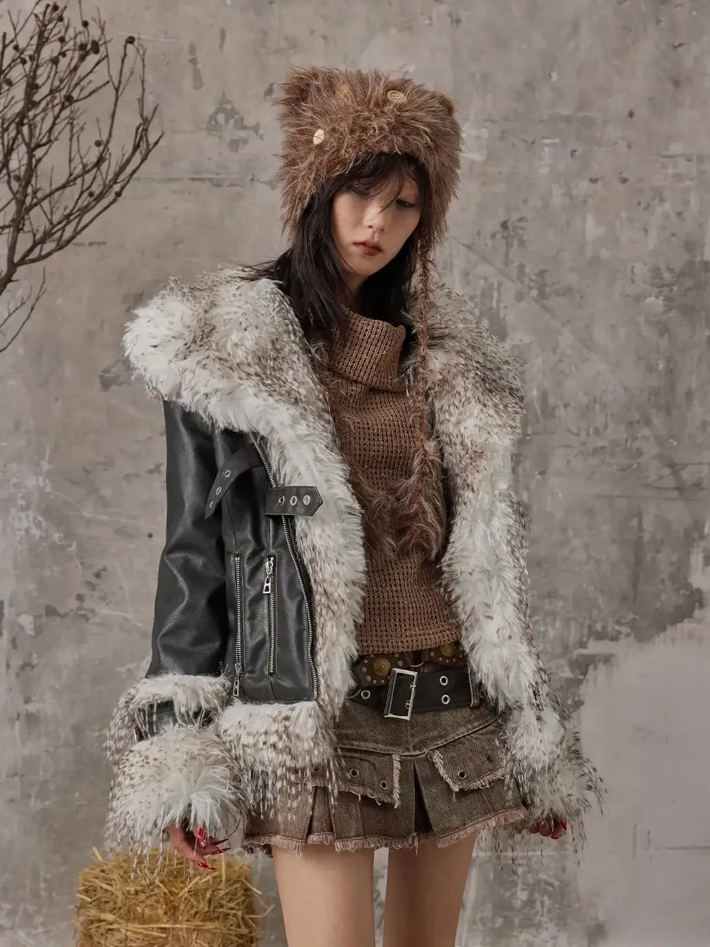 Frustration Garden Vintage Distressed Faux Fur Quilted Jacket